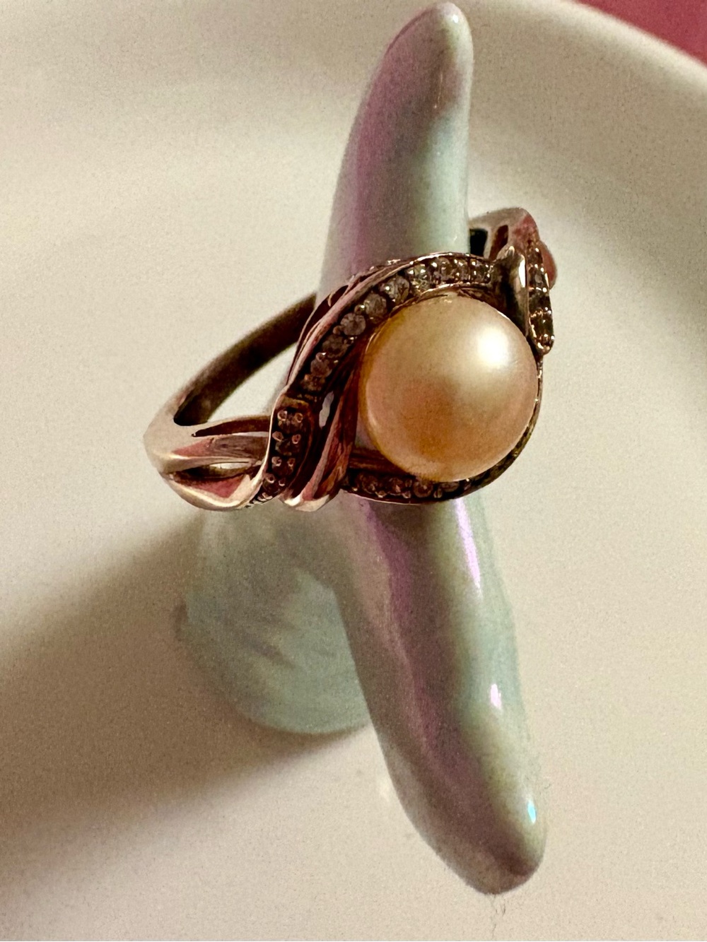 Pearl and Cubic Zirconia Swirl Ring in Rose Gold Tone
